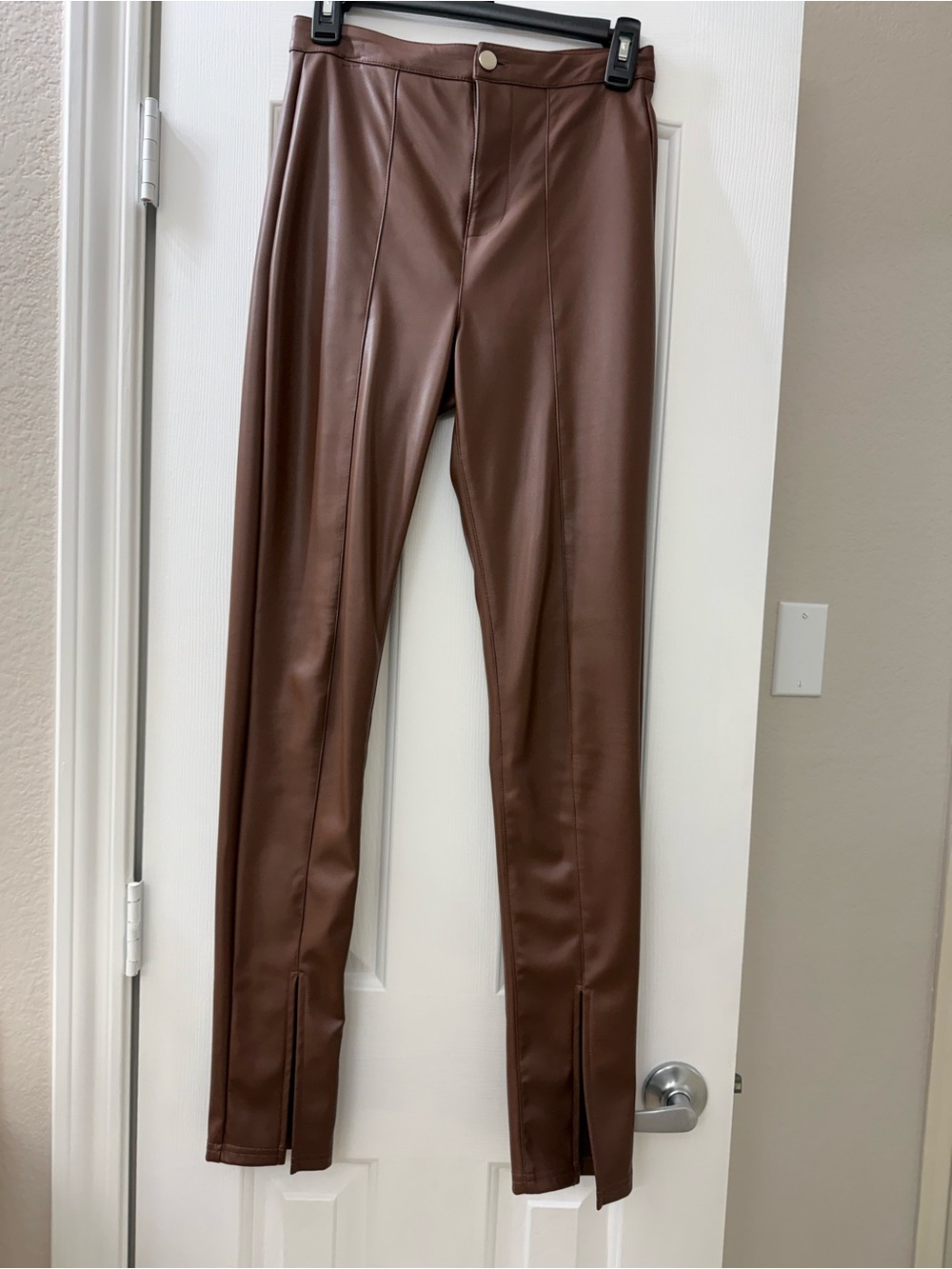 Brown Faux Leather Leggings with Front Seam & Ankle Slits